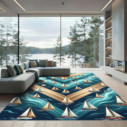 Abstract Teal Nautical Sailboat Chevron Rug