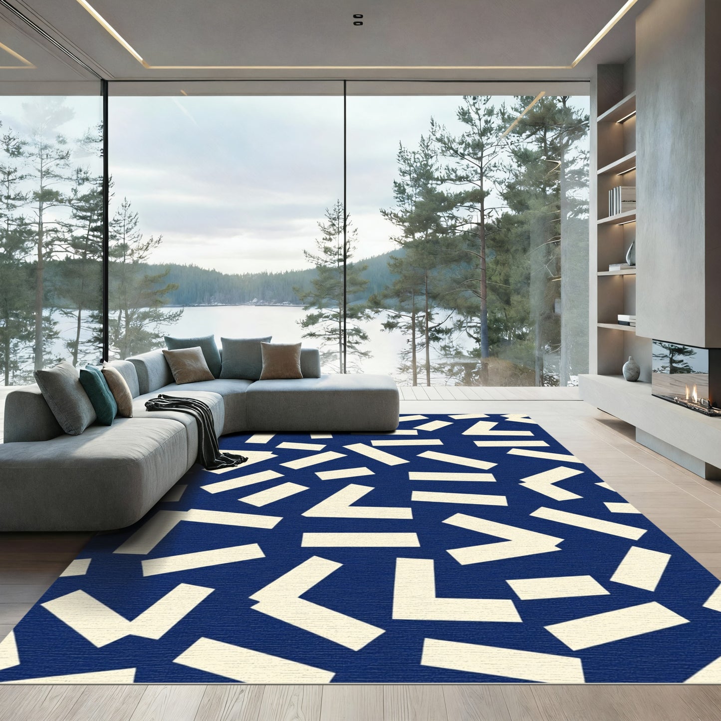 Cream Abstract Shapes Navy Background Rug