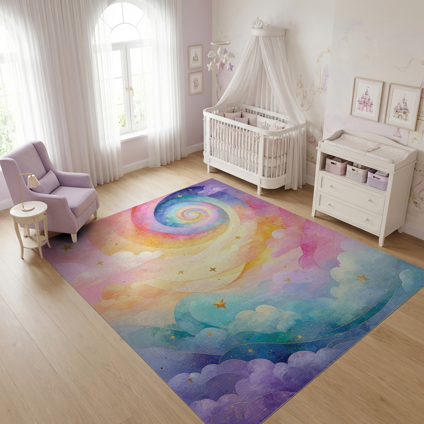 Dreamy Rainbow Spiral Stars Clouds Rug