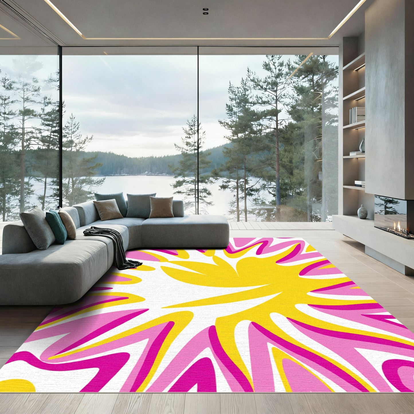 Vibrant Pink Yellow Burst Abstract Rug