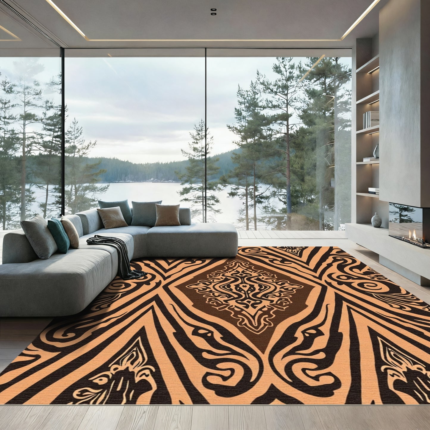 Rich Amber Damask Geometric Overlay Rug