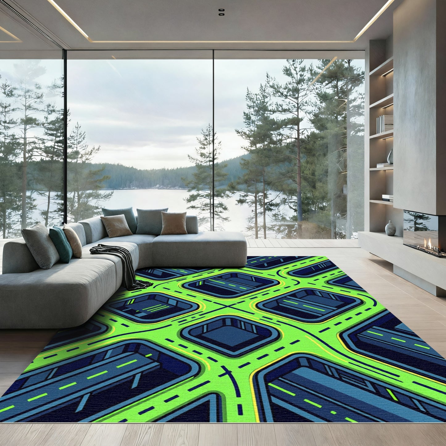 Neon Cyberpunk Isometric Street Grid Rug