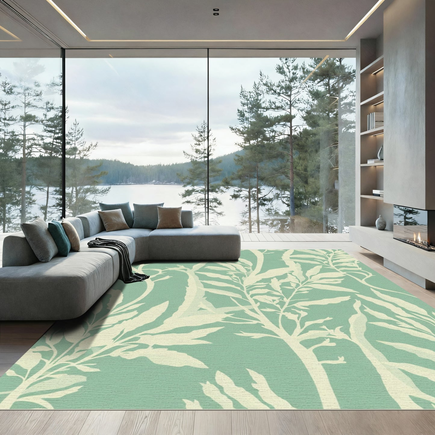 Mint Green Botanical Silhouette Garden Rug