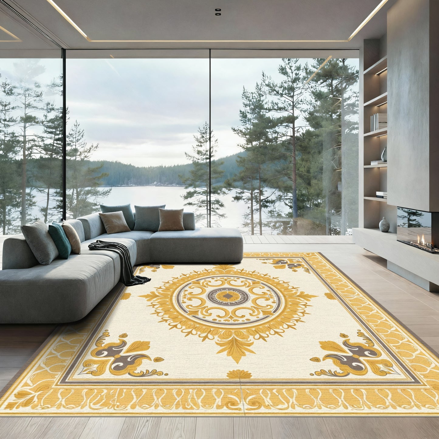 Golden Yellow Ivory Medallion Border Rug