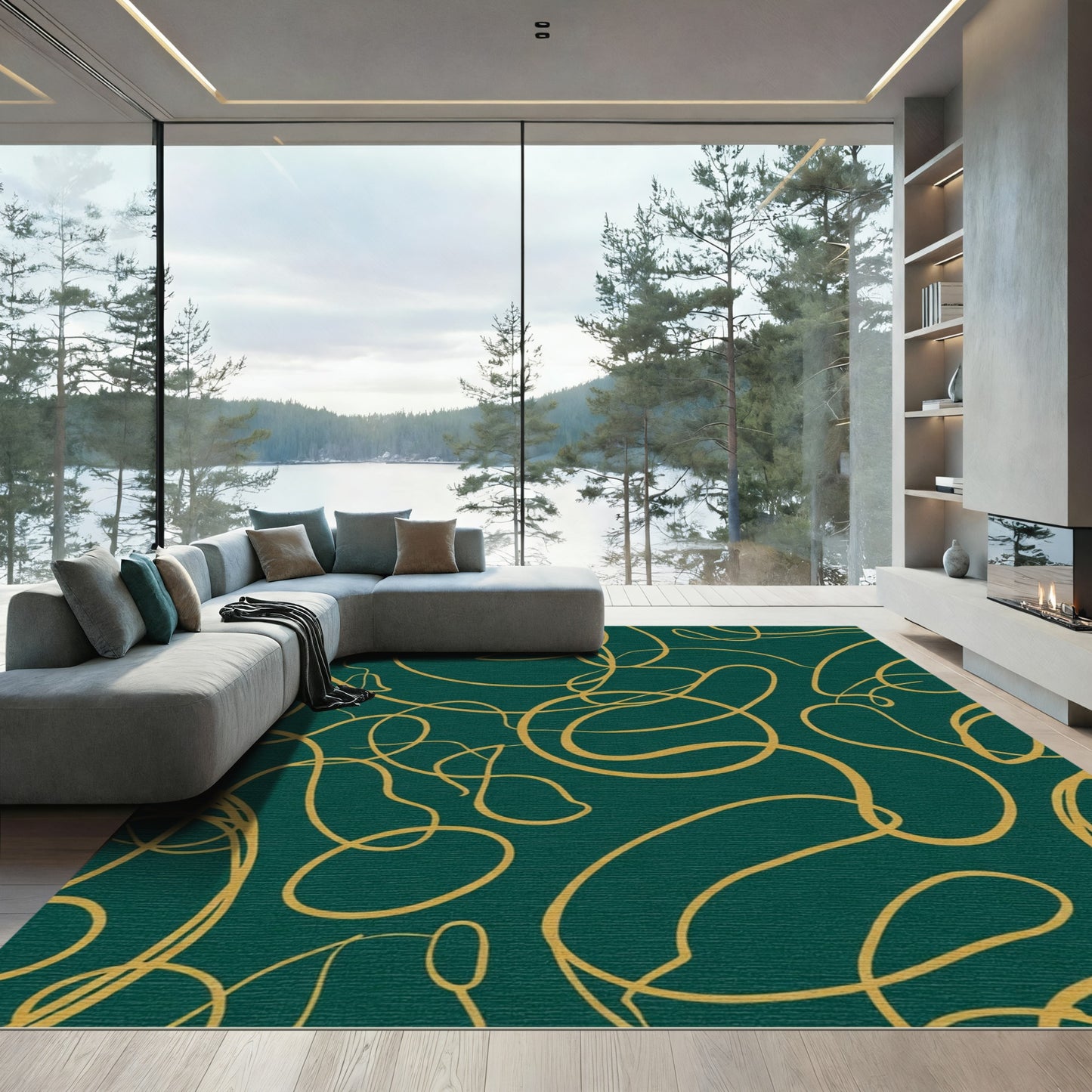 Deep Teal Gold Abstract Swirl Rug