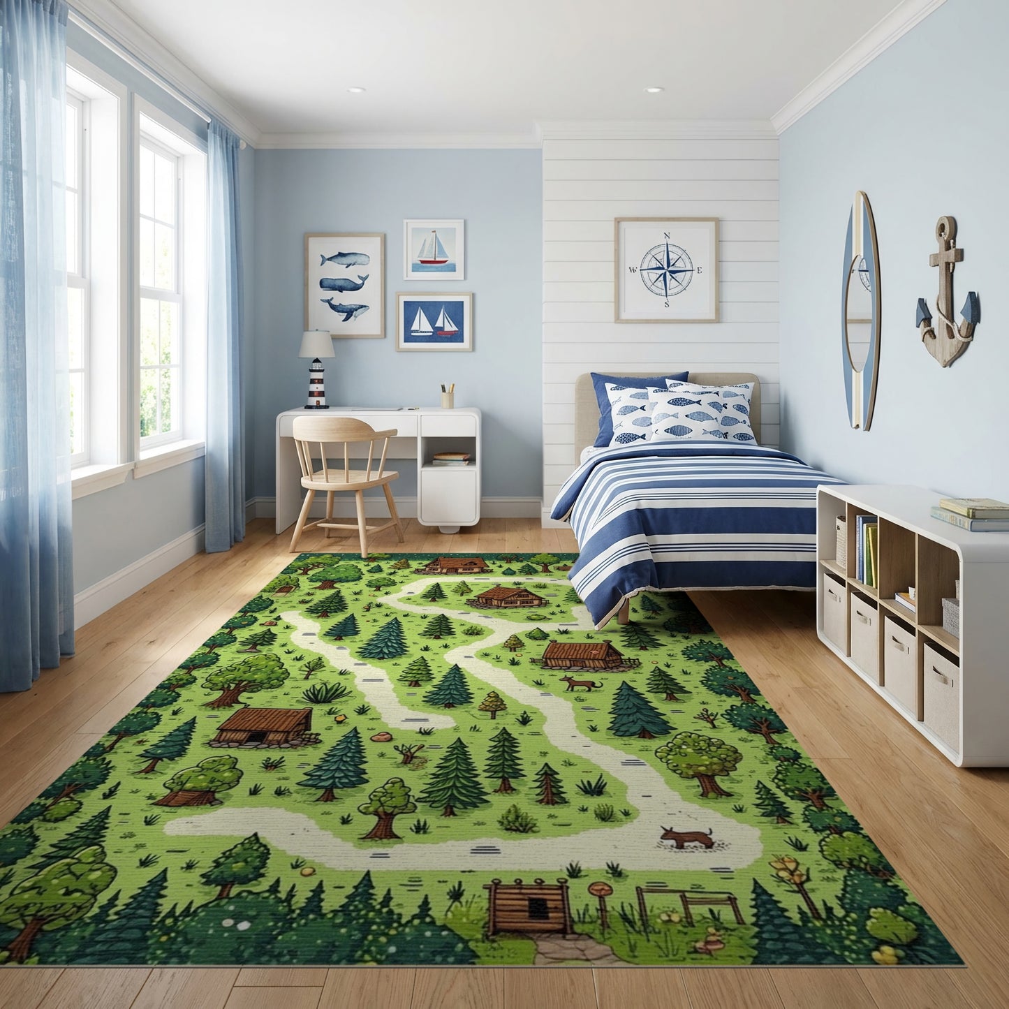 Whimsical Green Forest Cottages Path Rug