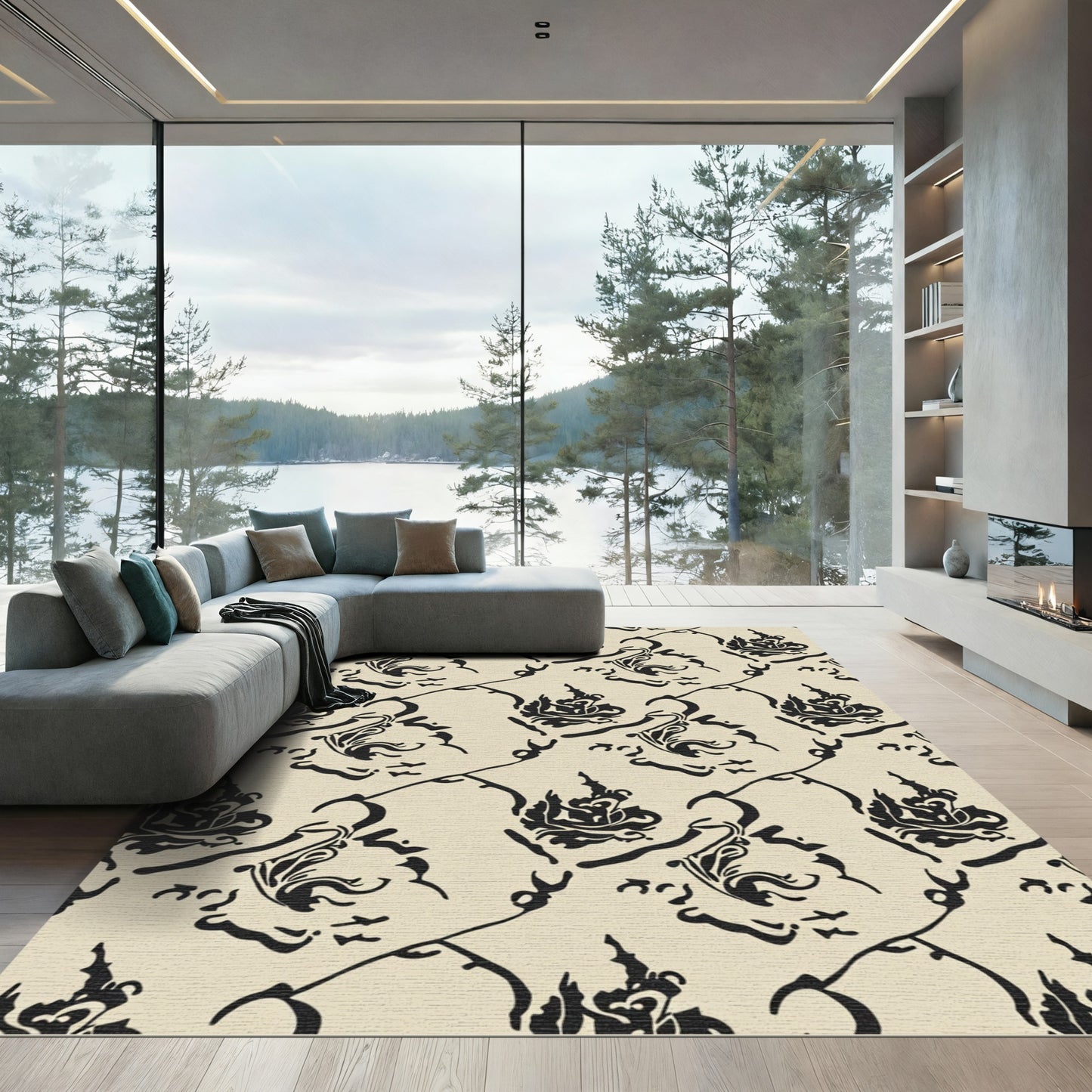 Antique Black Floral Vines Rug