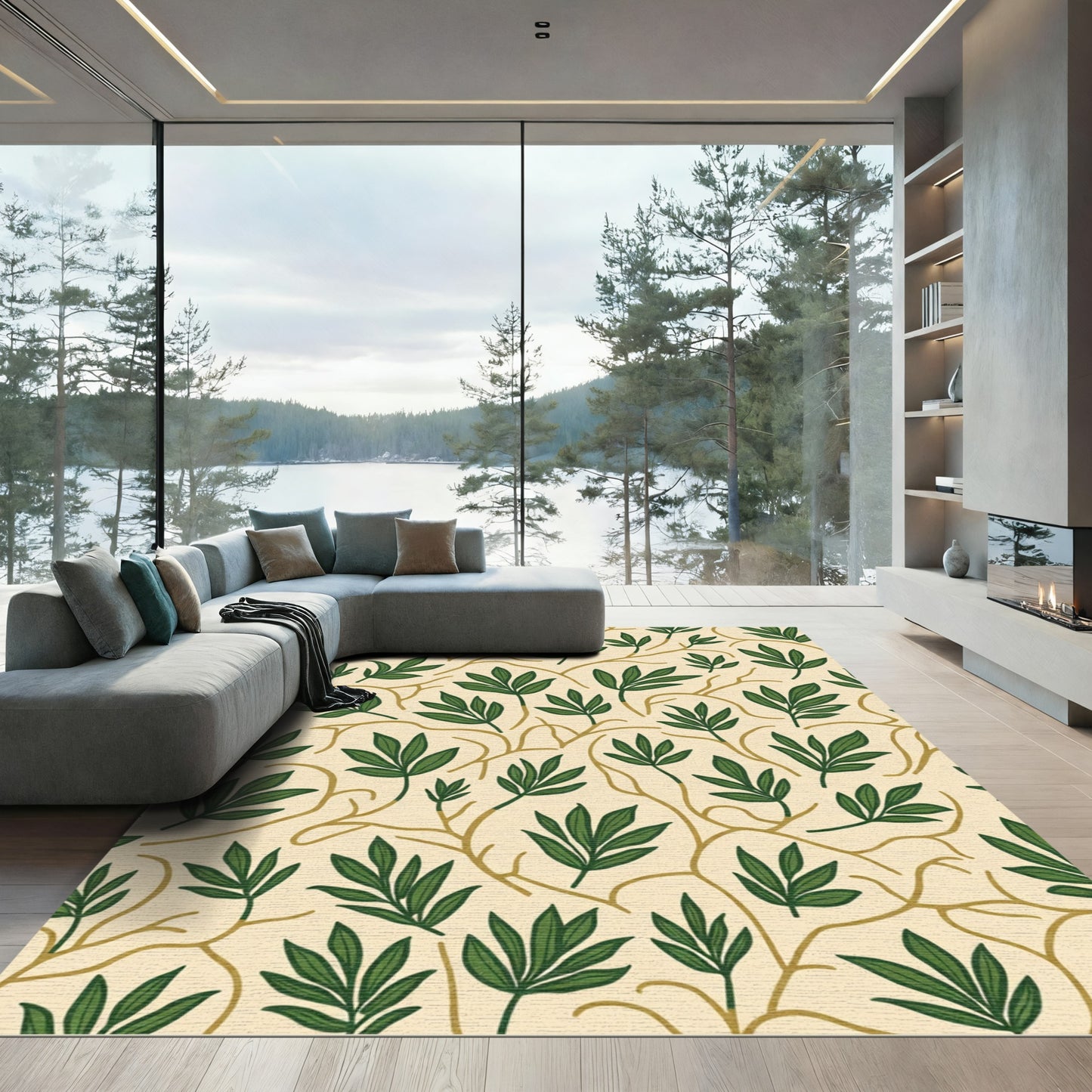 Simple Green Leafy Branches Cream Rug