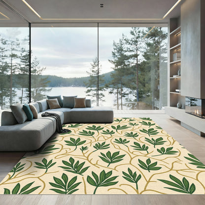 Simple Green Leafy Branches Cream Rug