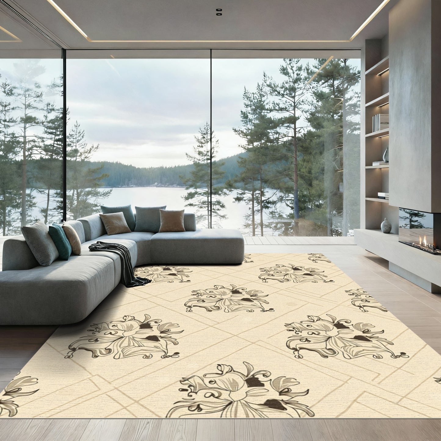 Light Beige Floral Swirl Deco Rug