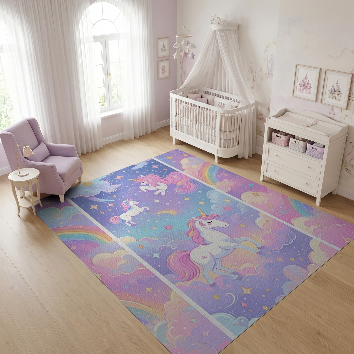 Whimsical Unicorn Rainbow Stars Clouds Rug