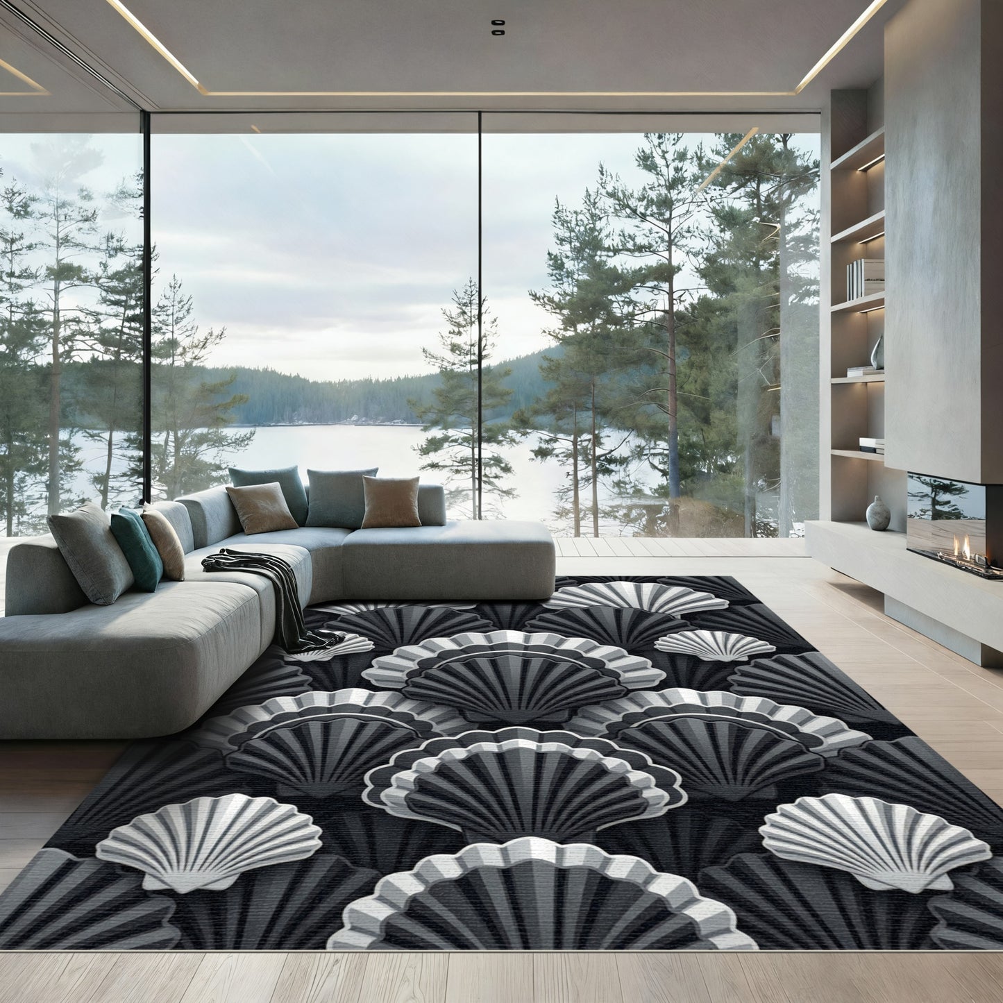 Elegant Monochrome Art Deco Shell Rug