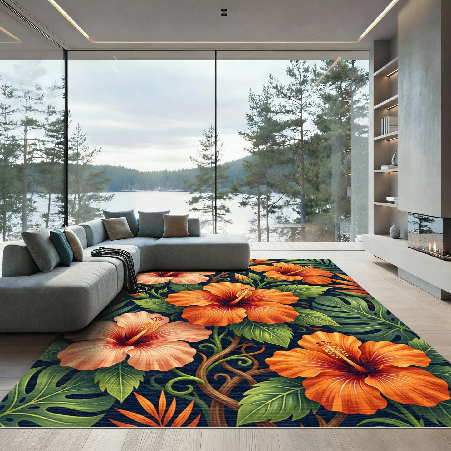 Tropical Hibiscus Floral Foliage Rug