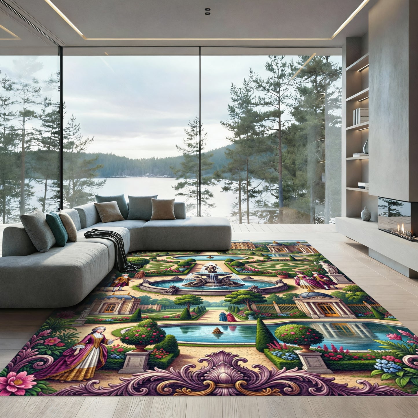 Baroque Garden Fountain Palace Scene Rug