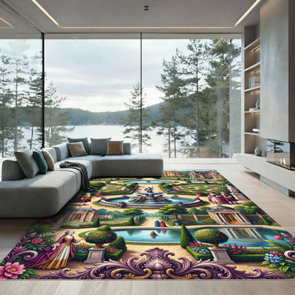 Baroque Garden Fountain Palace Scene Rug