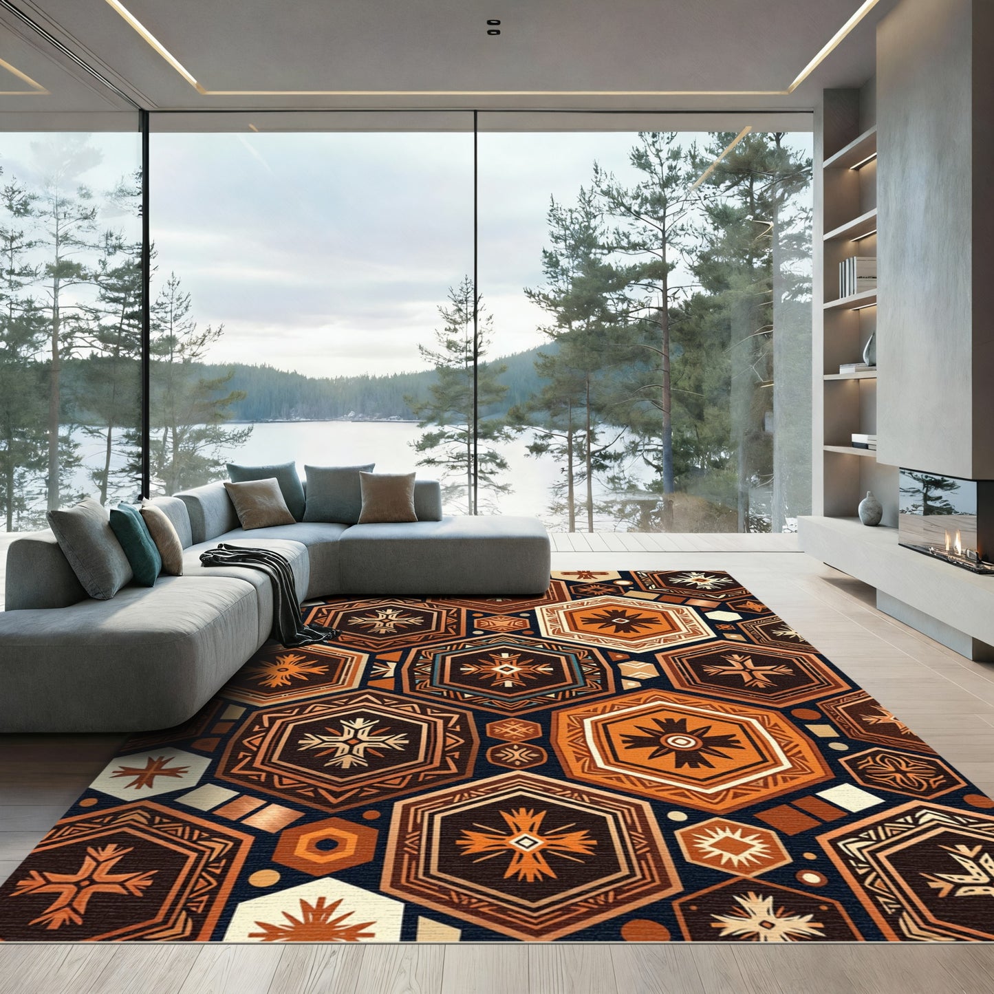 Geometric Hexagon Earthy Copper Art Rug