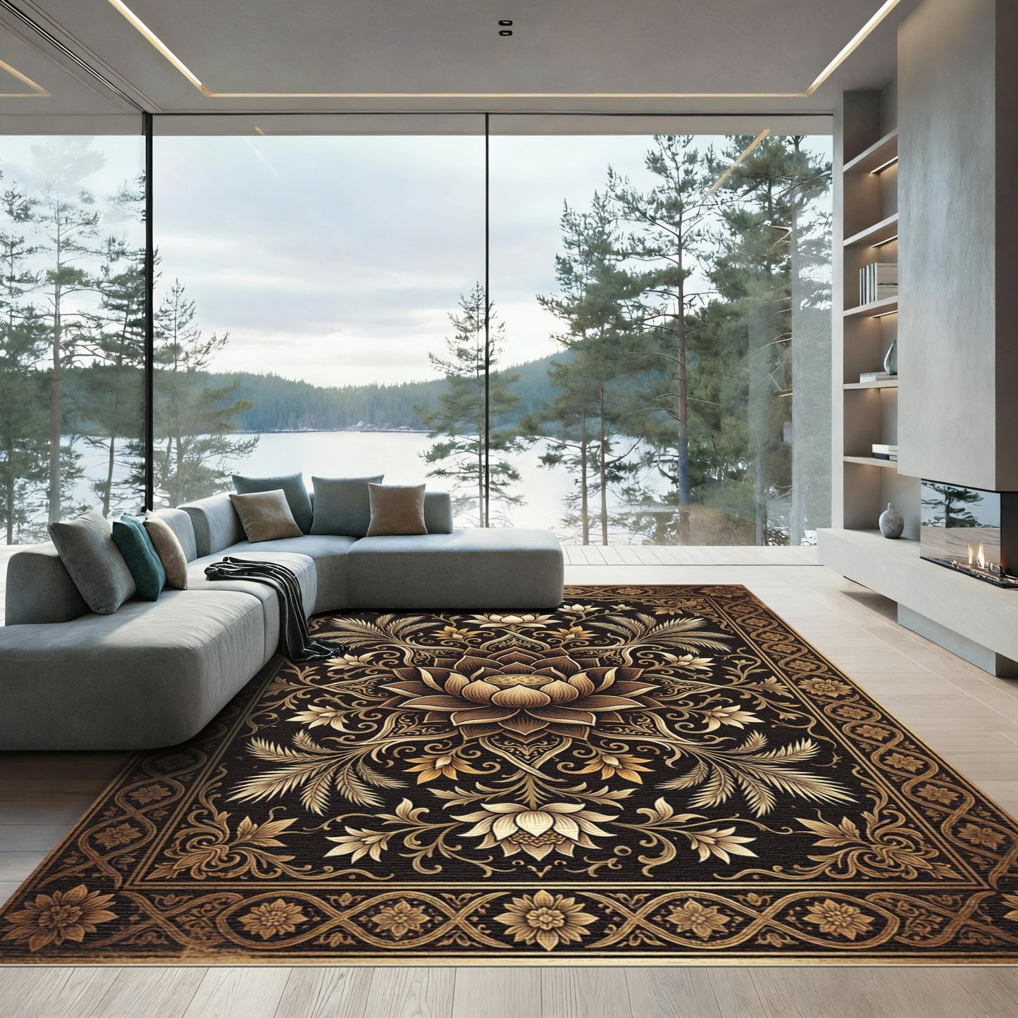 Elegant Golden Lotus Floral Medallion Rug