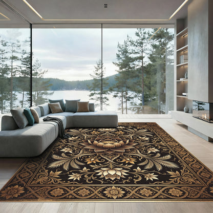 Elegant Golden Lotus Floral Medallion Rug
