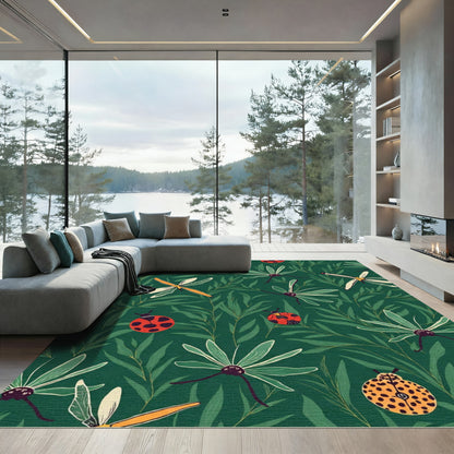 Whimsical Insects Green Leaf Pattern Rug