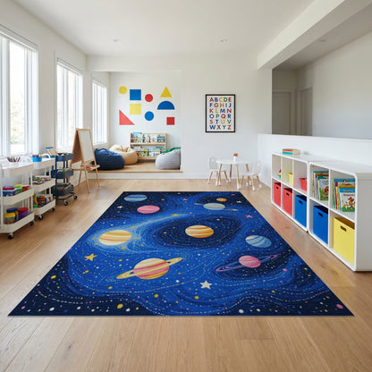 Vibrant Cosmic Planets Rings Stars Rug