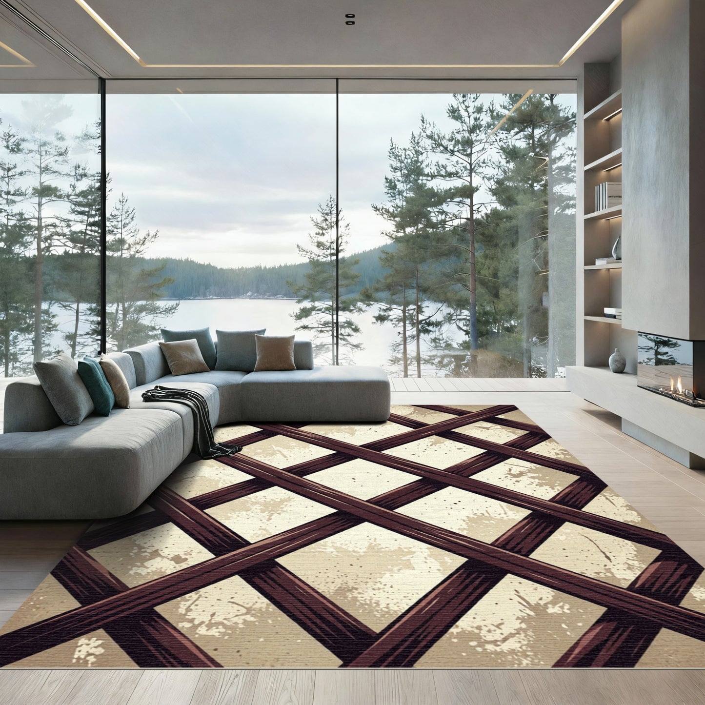 Distressed Brown Geometric Lattice Grid Rug