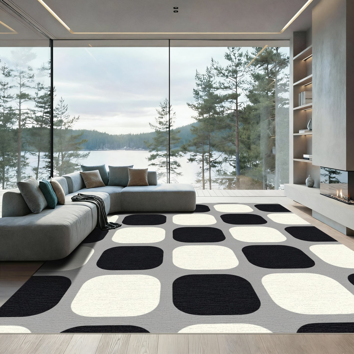 Modern Black White Rounded Squares Rug
