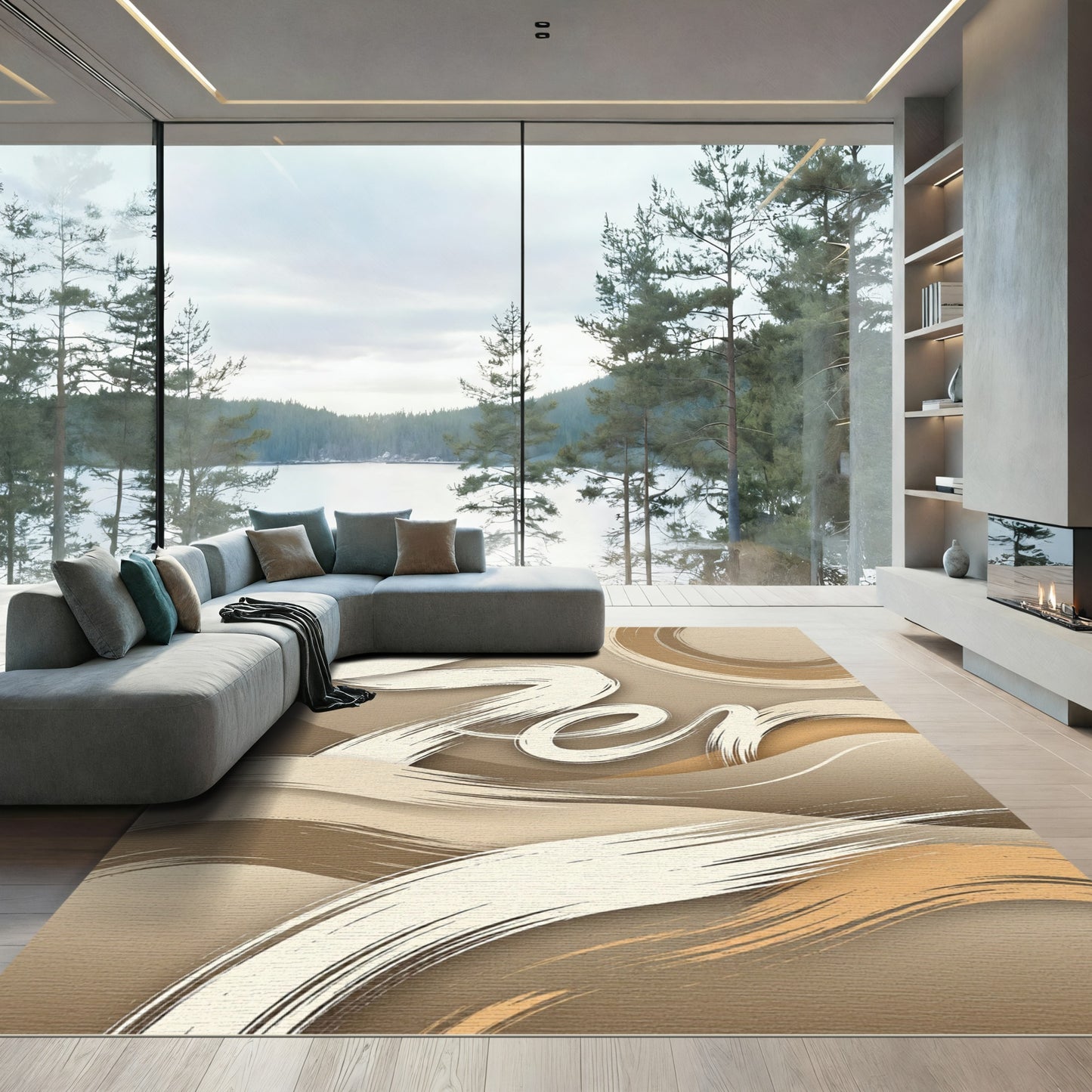 Serene Beige Brushstroke Abstract Rug