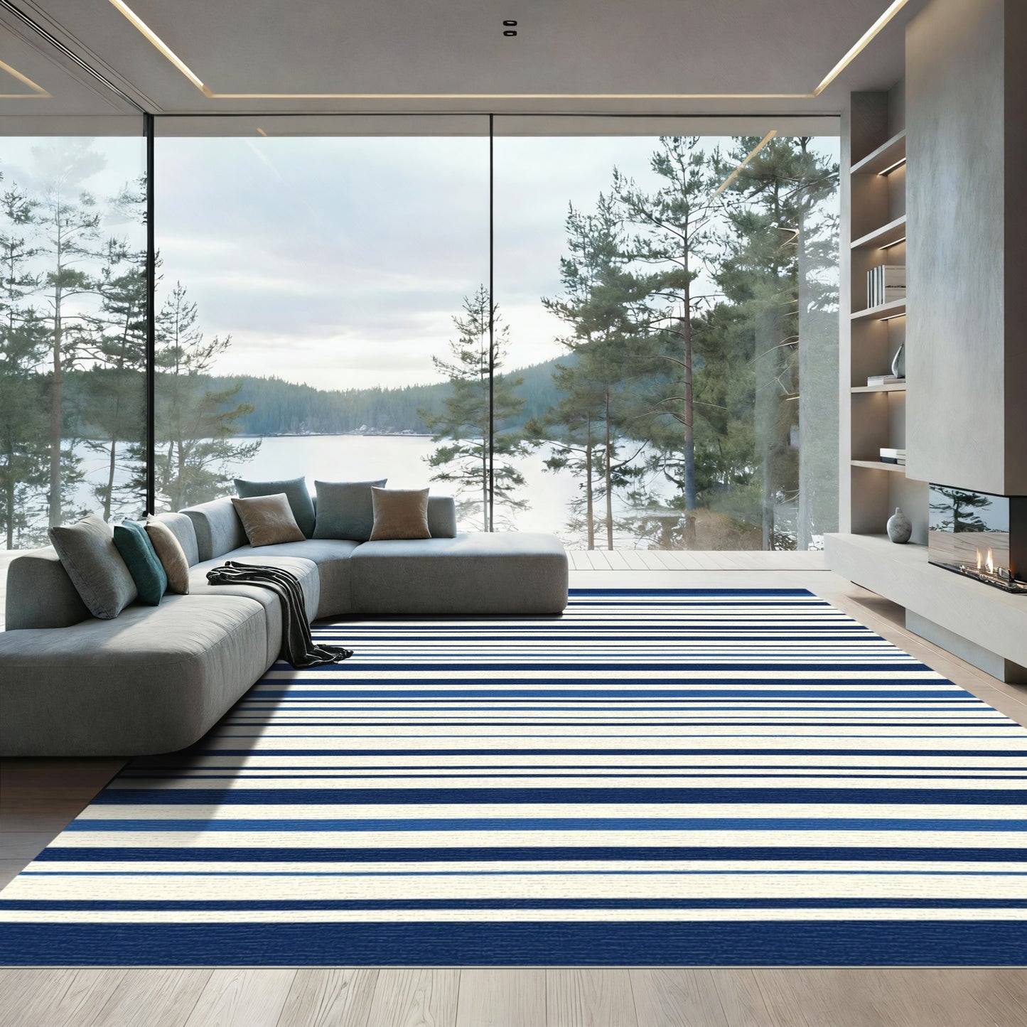Crisp Navy Blue Ivory Stripe Variety Rug