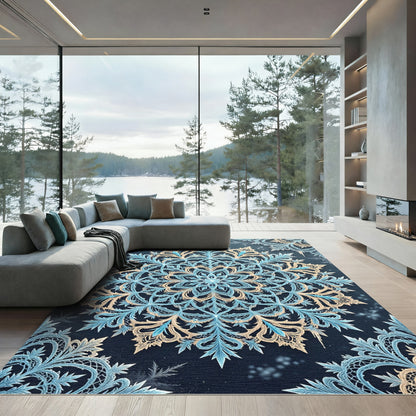 Ornate Ice Blue Snowflake Medallion Rug