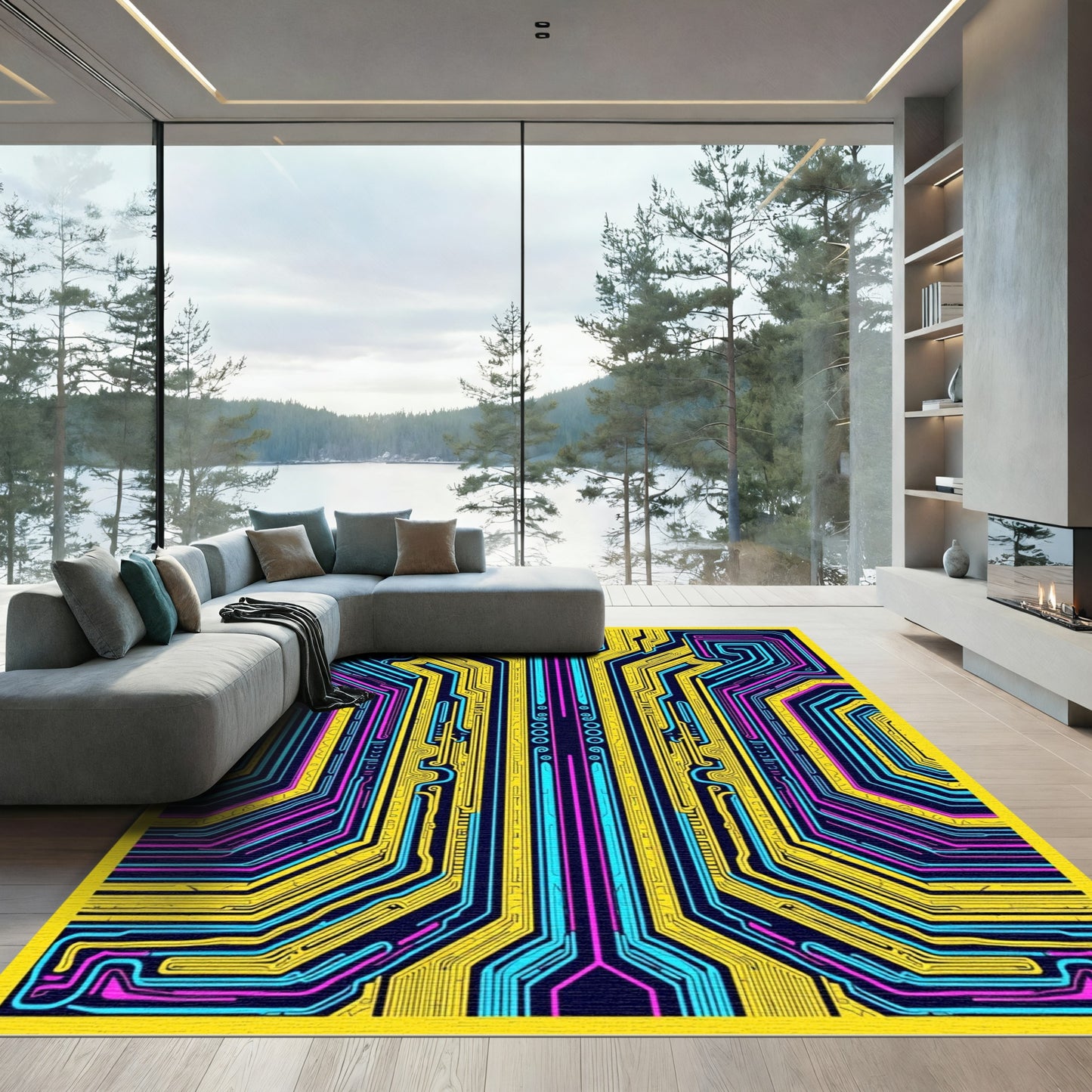 Cybernetic Yellow Blue Circuit Lines Rug