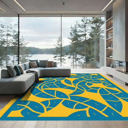 Vibrant Teal Leafy Vines Yellow Rug