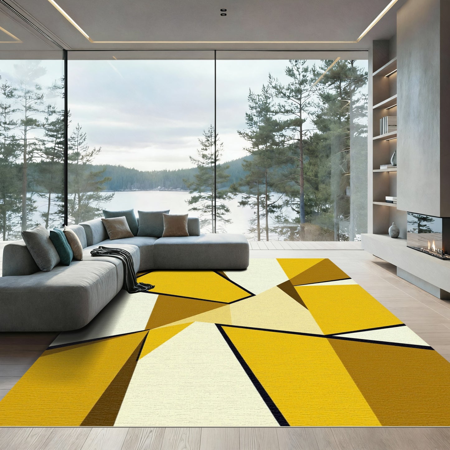 Golden Abstract Geometric Ochre Cubist Area Rug