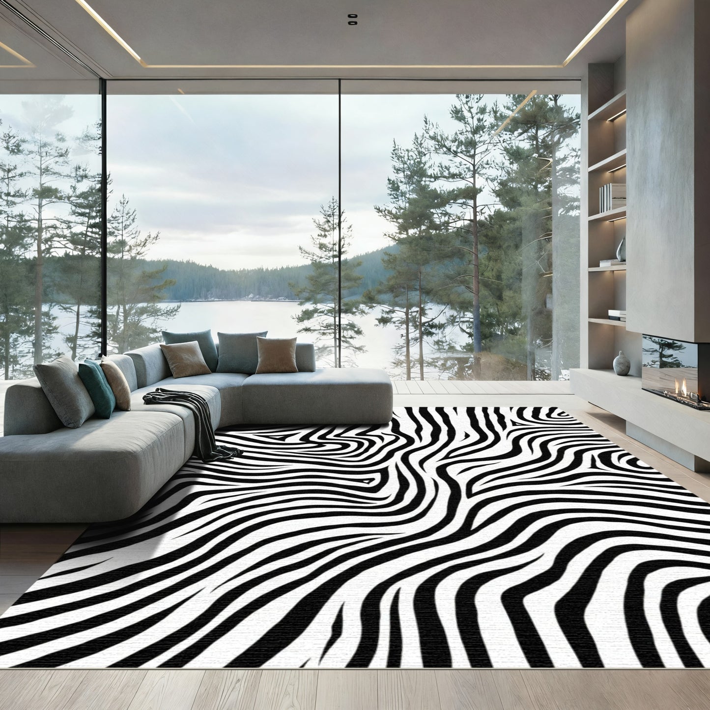 Bold Black White Swirl Stripe Rug