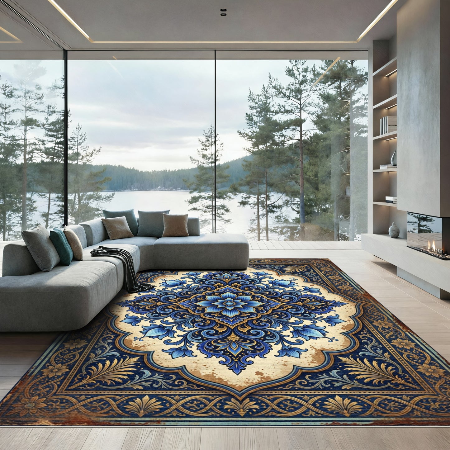 Ornate Indigo Floral Medallion Scroll Rug