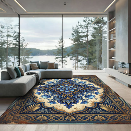 Ornate Indigo Floral Medallion Scroll Rug
