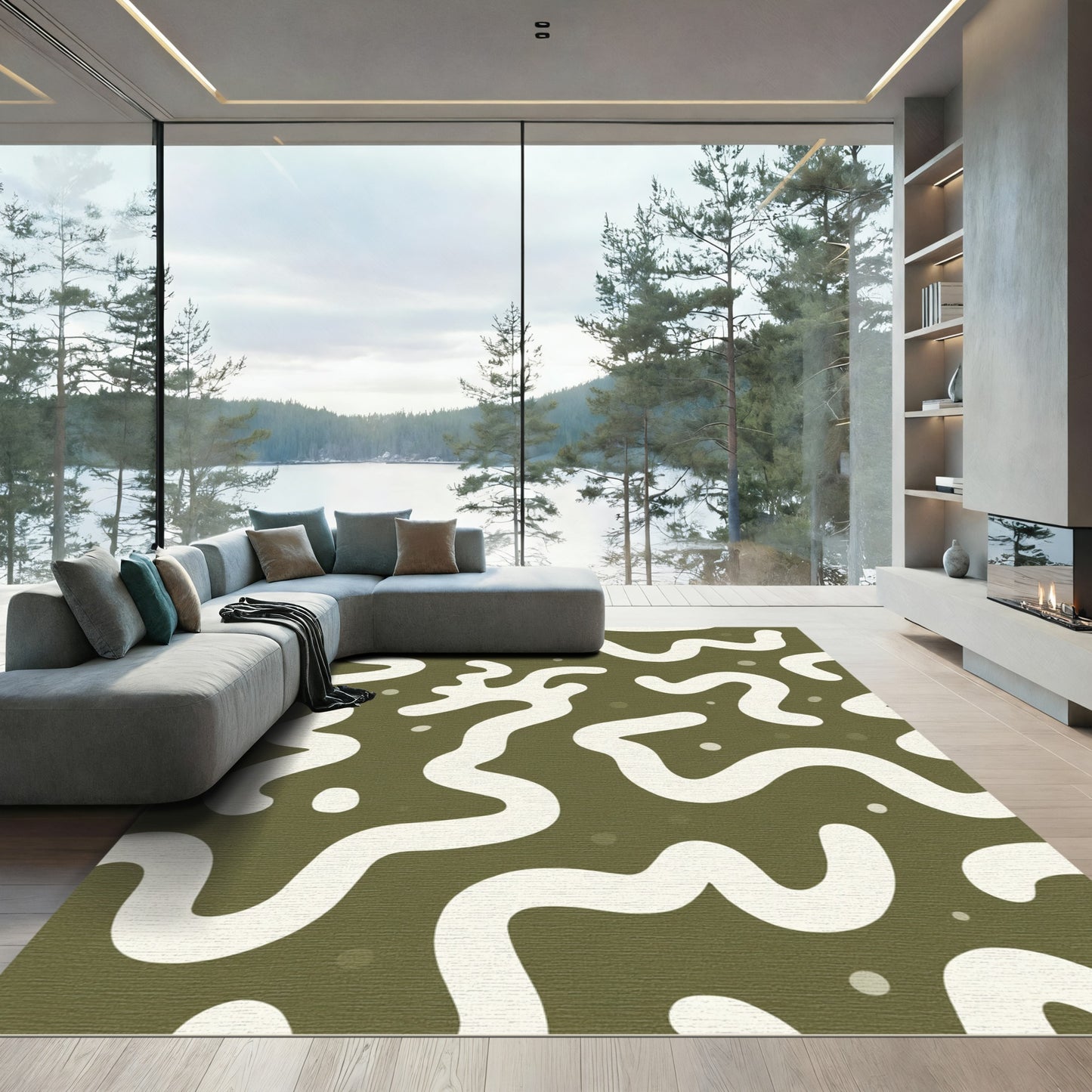 Olive Cream Abstract Organic Swirls Rug