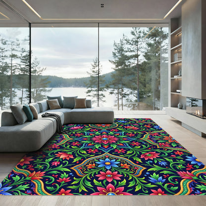 Vibrant Floral Medallion with Deep Indigo Rug