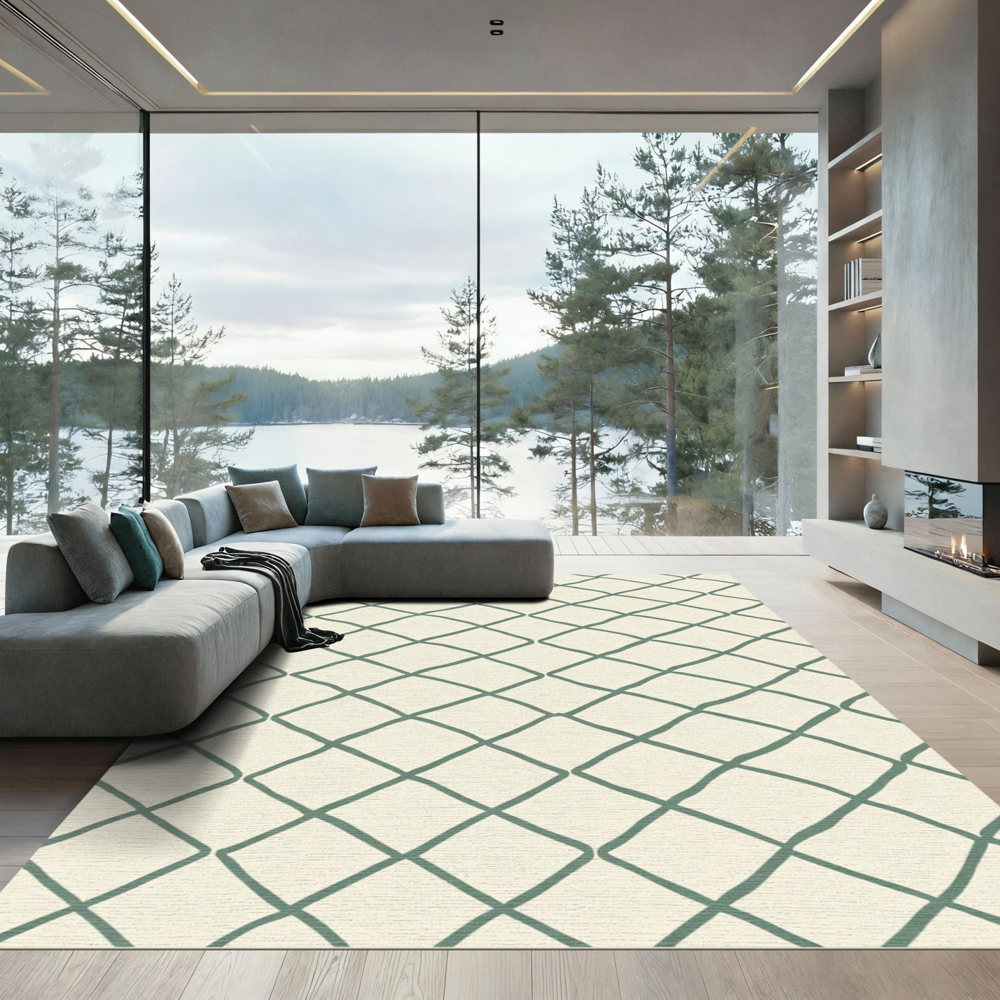 Cream And Teal Diamond Chain Rug