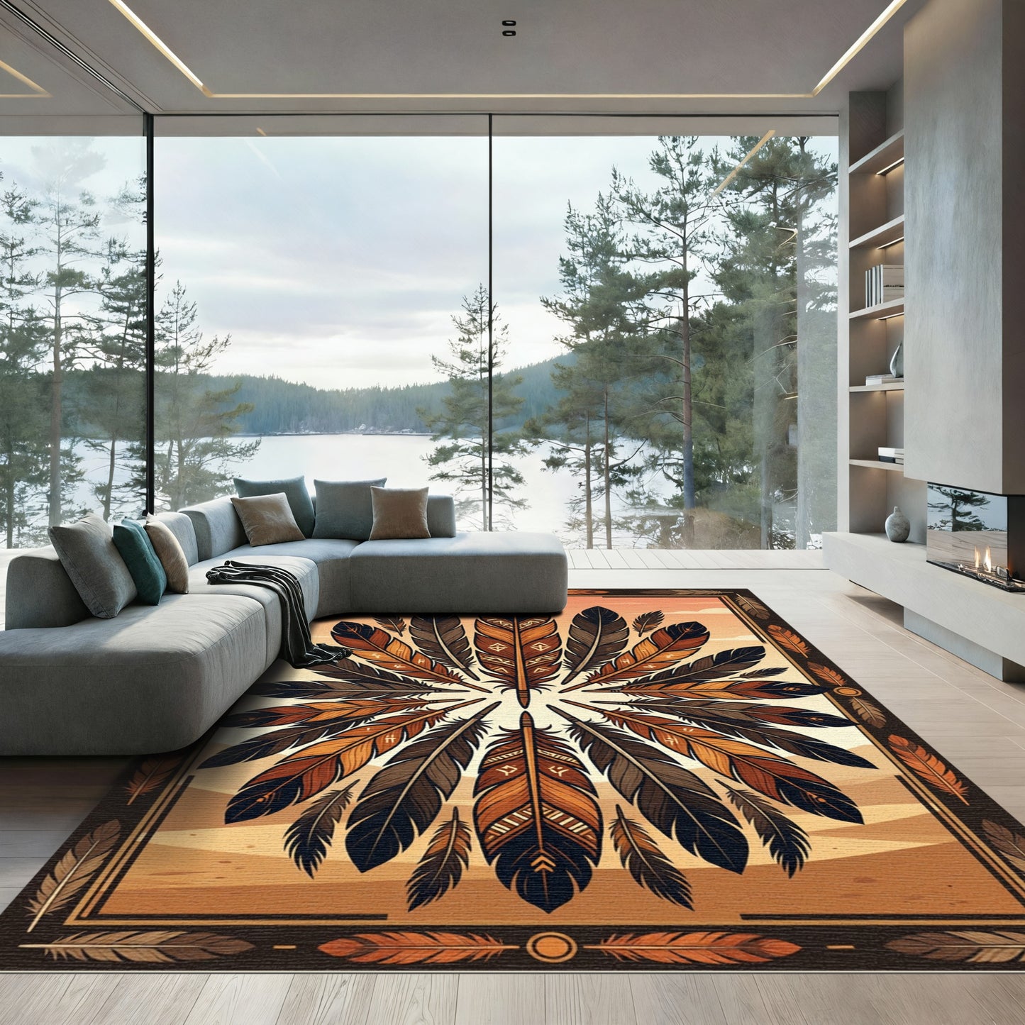 Earthen Feather Mandala Sunset Accent Rug