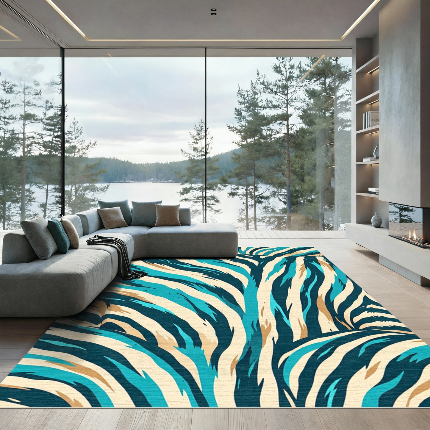 Abstract Teal Cream Zebra Stripes Rug