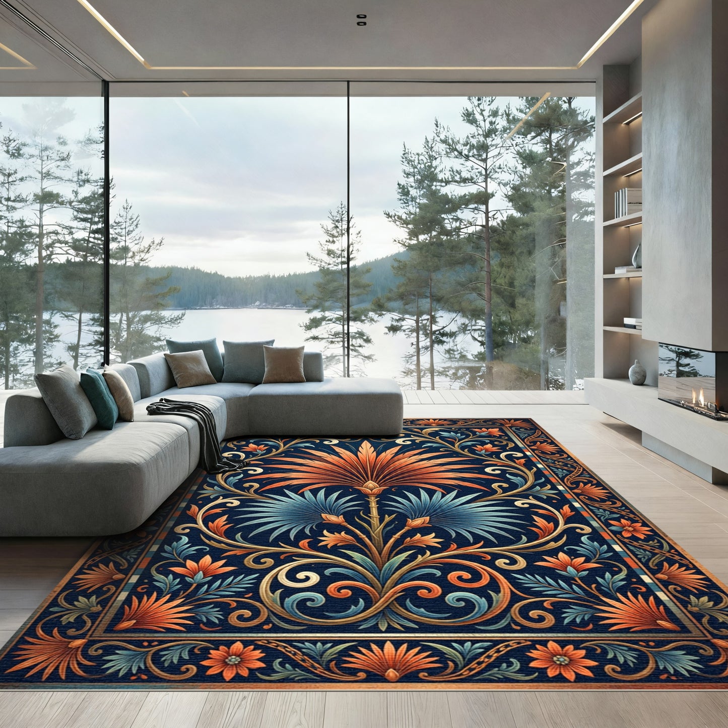 Ornate Blue Orange Floral Lattice Rug