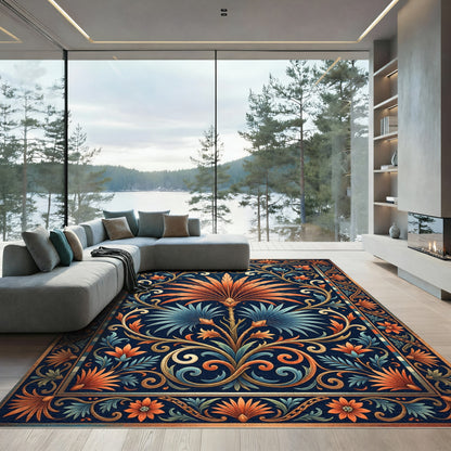 Ornate Blue Orange Floral Lattice Rug