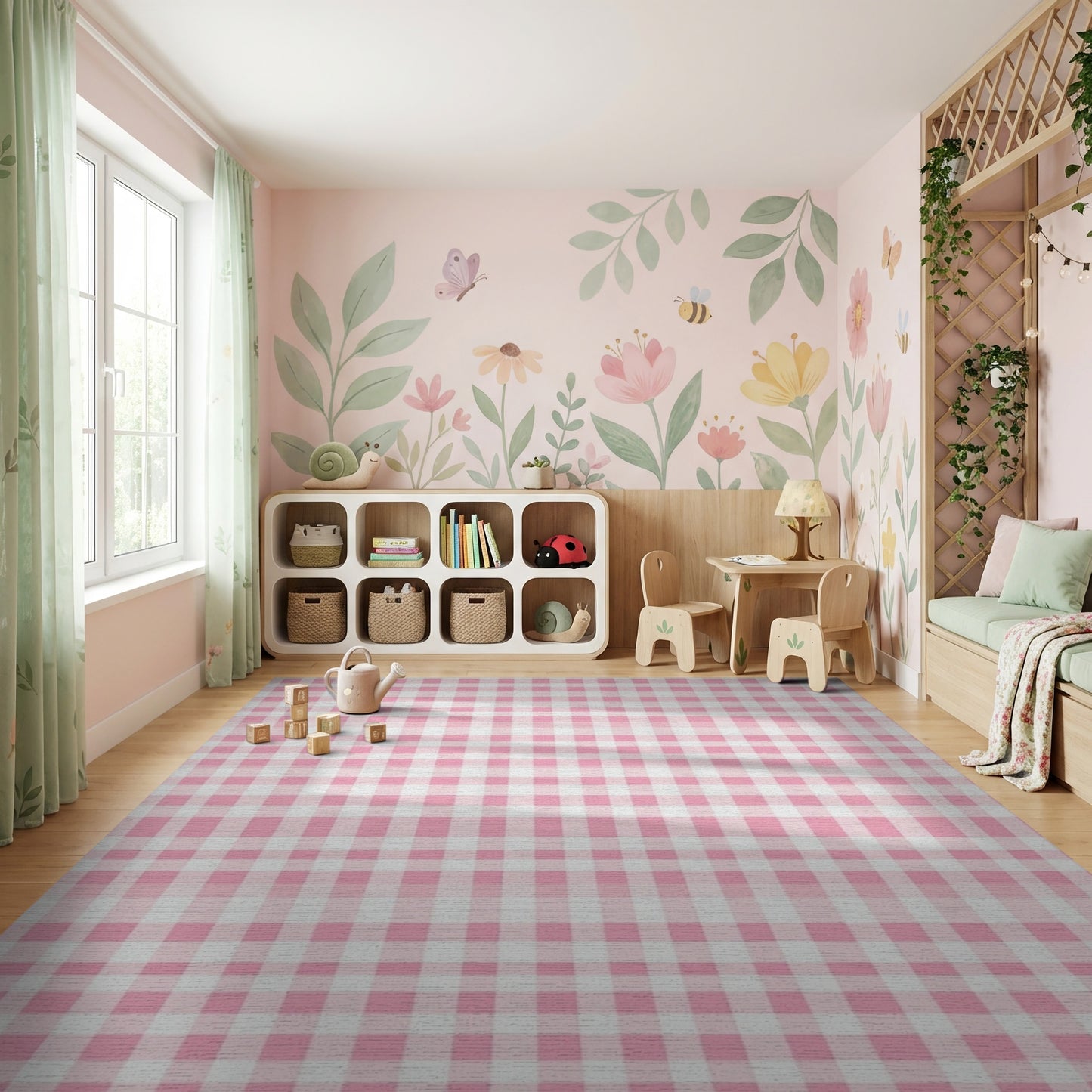Pink White Gingham Checkered Rug