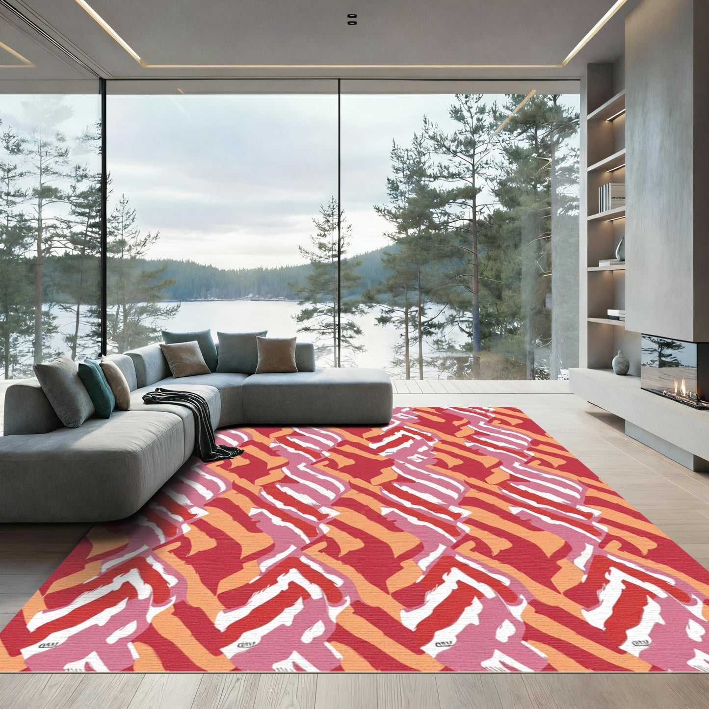 Vibrant Red Pink Orange Swirl Rug