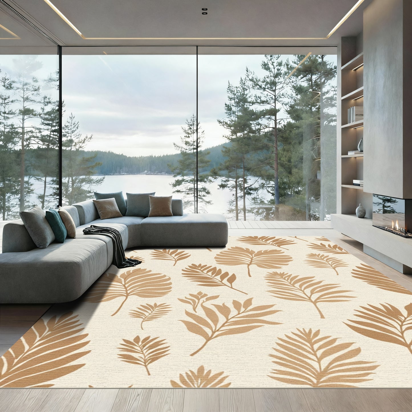 Tropical Palm Leaf Golden Beige Rug
