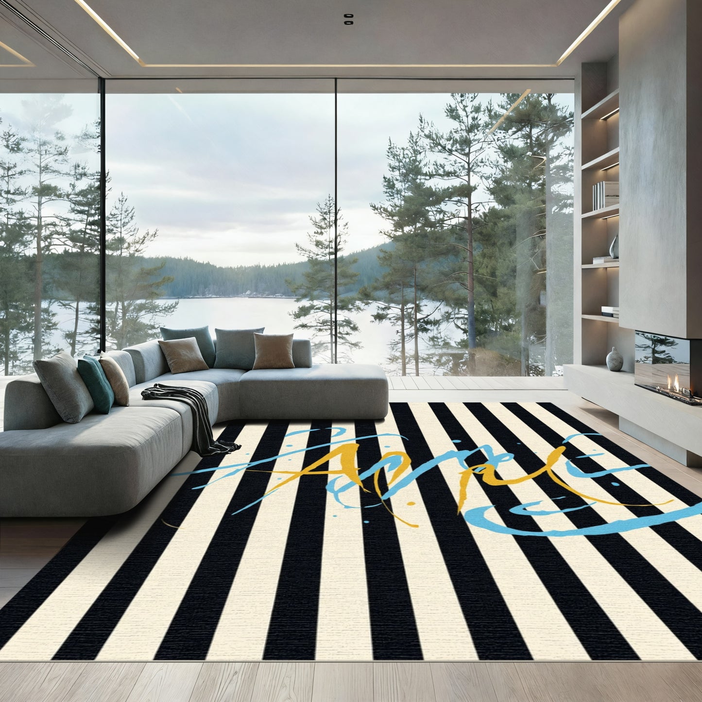 Bold Black Cream Striped Splatter Rug