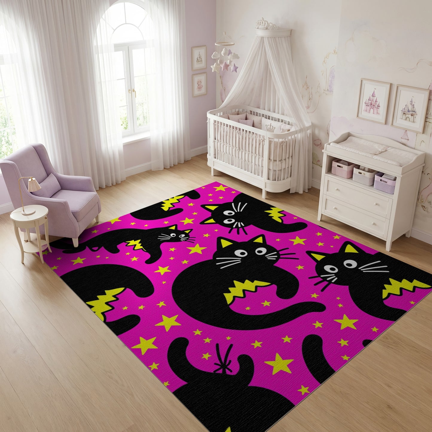 Whimsical Black Cats Stars Lightning Pink Rug