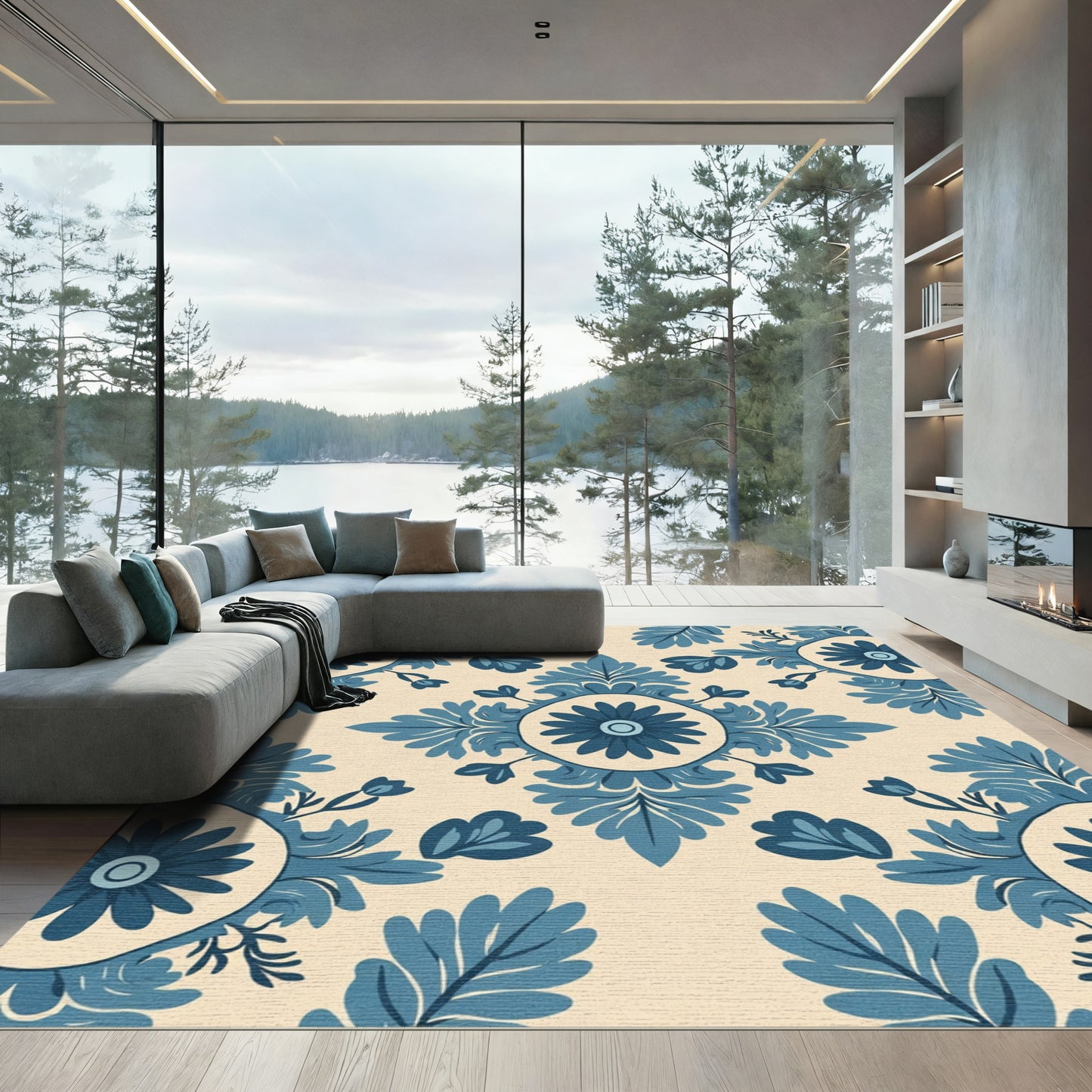 Blue Floral Medallion Cream Background Rug