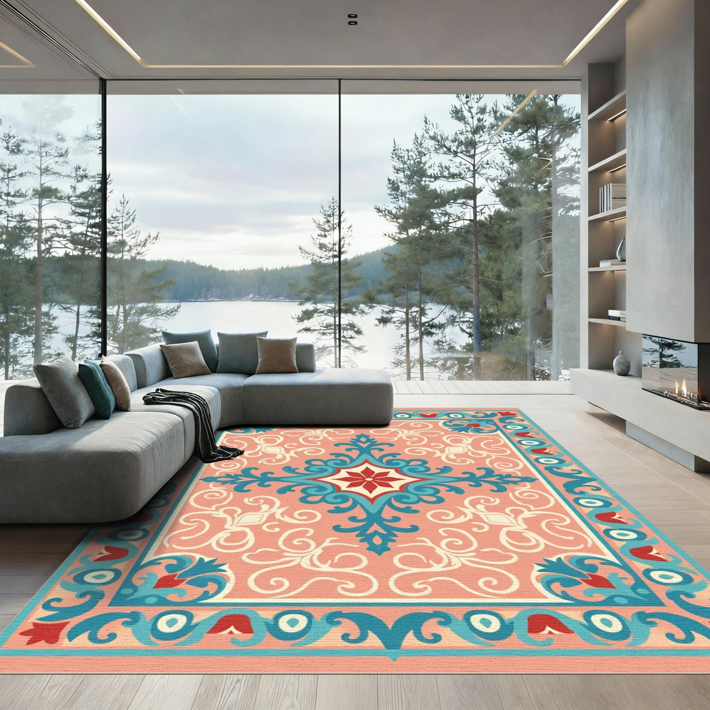 Coral Teal Red Floral Medallion Rug