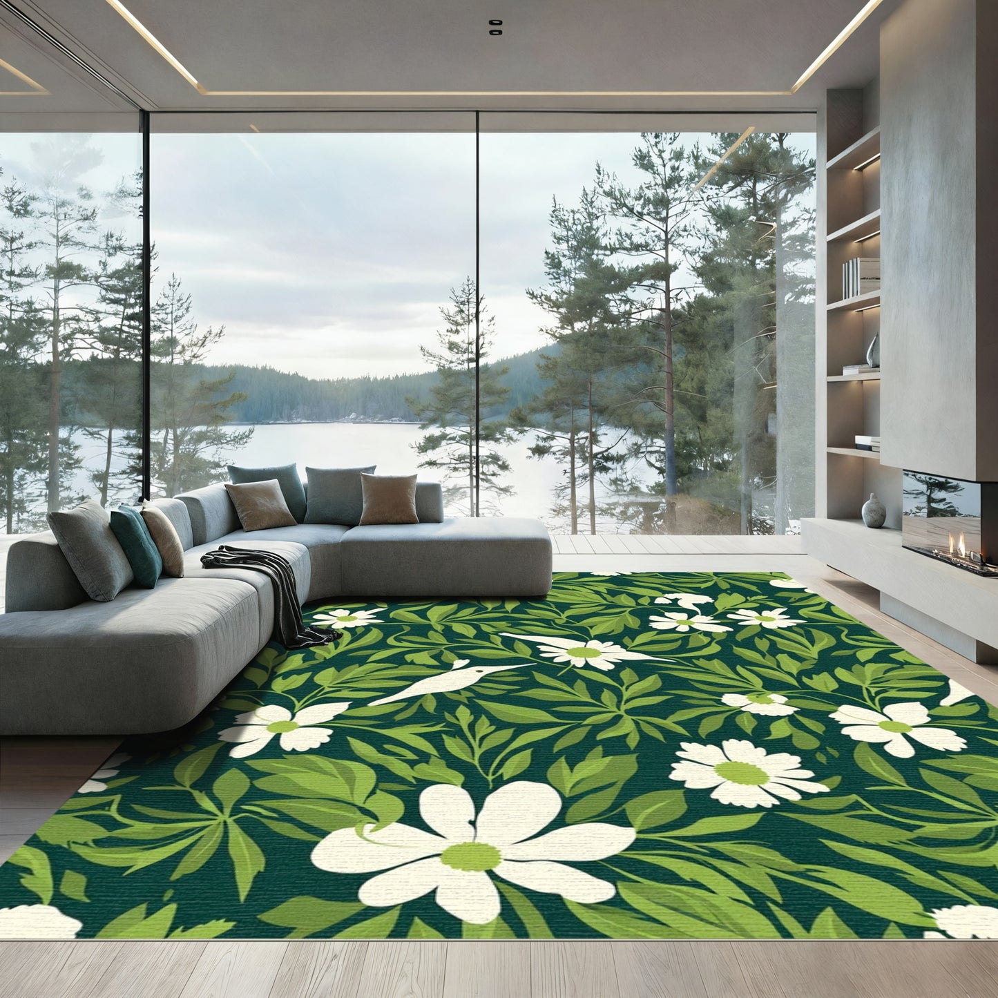 White Daisy Hummingbird Garden Rug